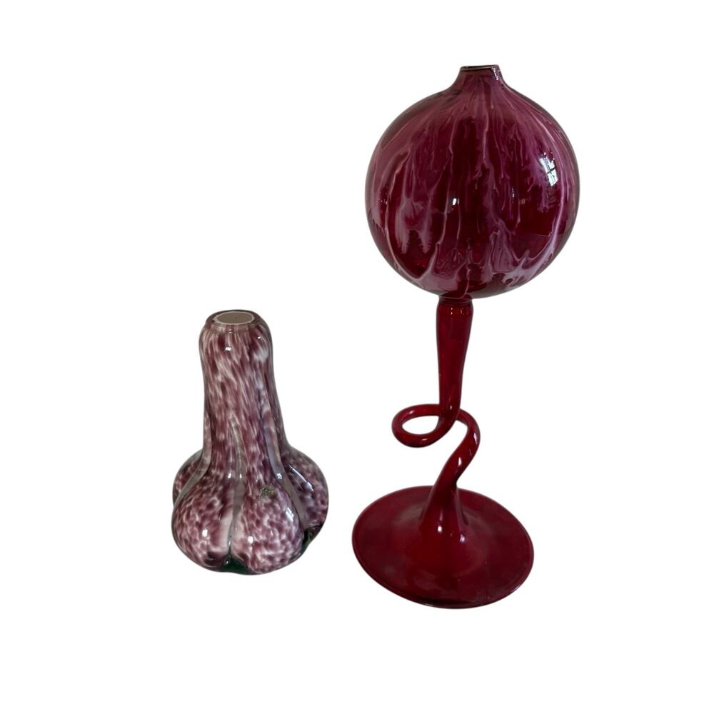 Murano Style Art Glass Vase Pair Red & Mauve Handblown Sculptural 7.5”” & 4.5”